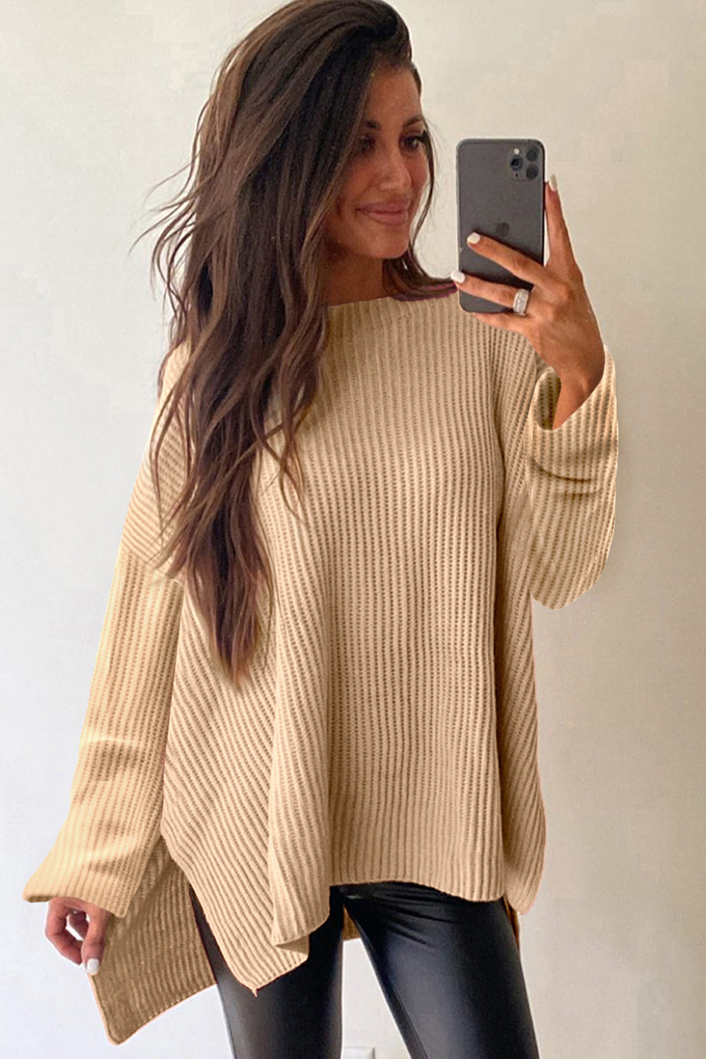 Apricot Cable Knit Drop Shoulder Side Slits Loose Sweater